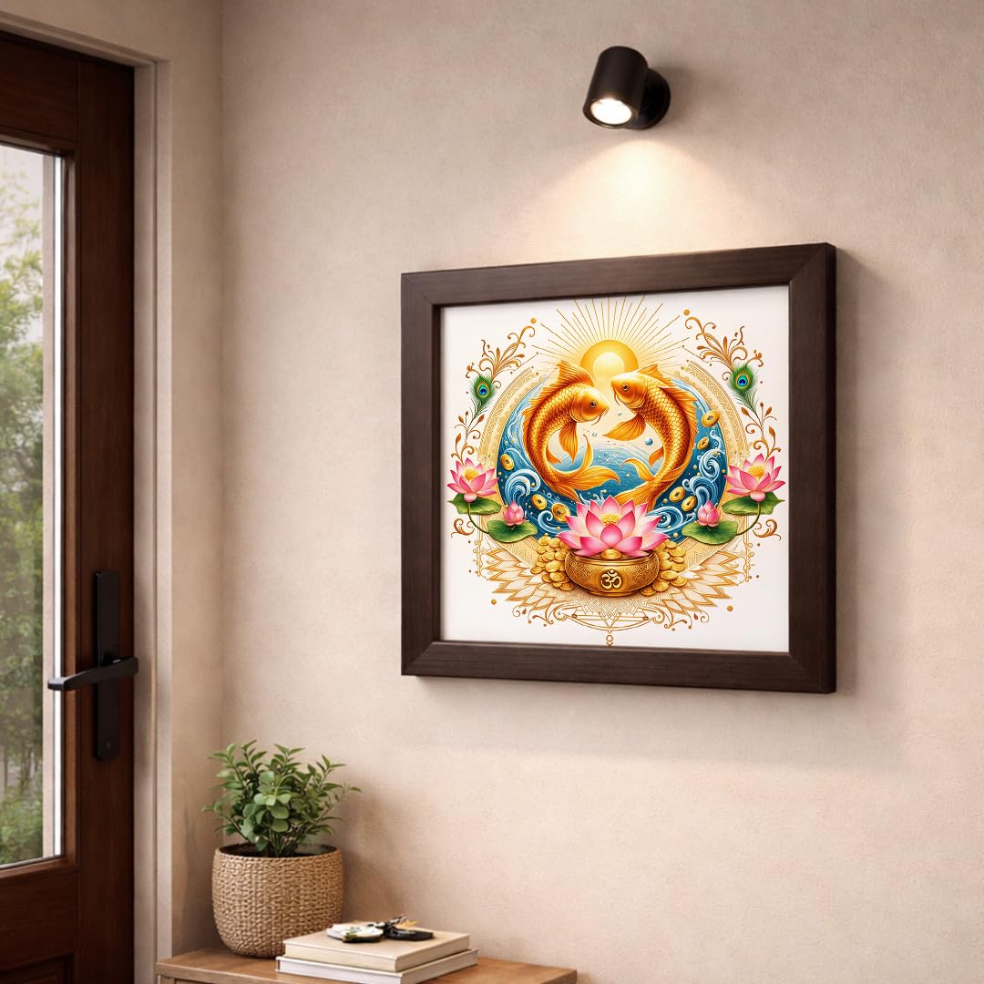 Pair Fish Koi Moi Golden Vastu Money Prosperity Fengshui Lotus Sacred Harmony Framed Poster Artwork Decor Painting