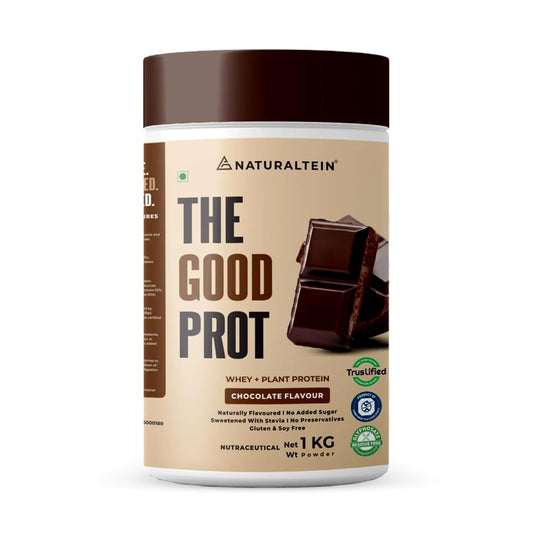 Protein powder container labeled 'The Good Prot' by Naturaltein on a white background