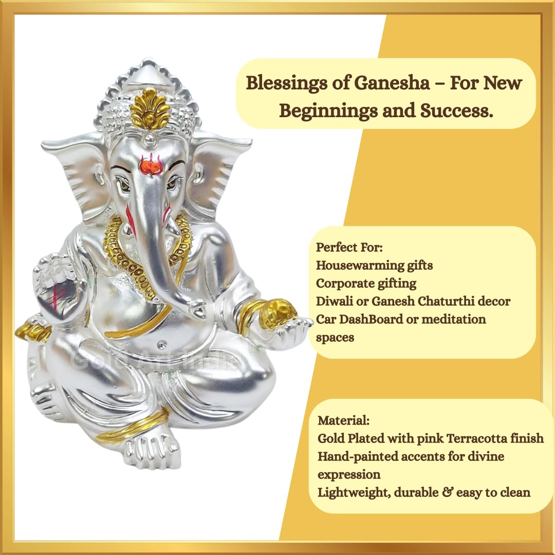 Gold Art India Matte Silver Plated Gaddi Ganesh Idol For Car Dashboard Small Ganesha Murti Ganpati Idol For Home Decor Puja Lord Ganesh Statue Gift For Office Desk Puja Room Figurine