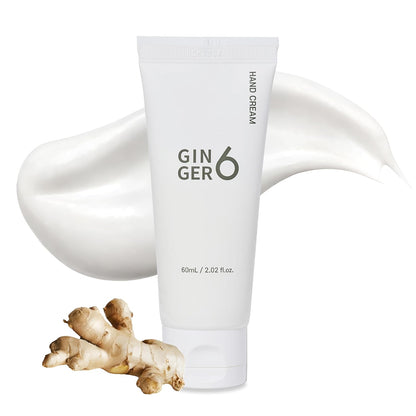 Hand cream tube labeled 'GINGER6' with a piece of ginger on a white background