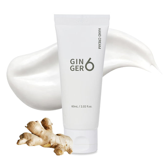 Hand cream tube labeled 'GINGER6' with a piece of ginger on a white background