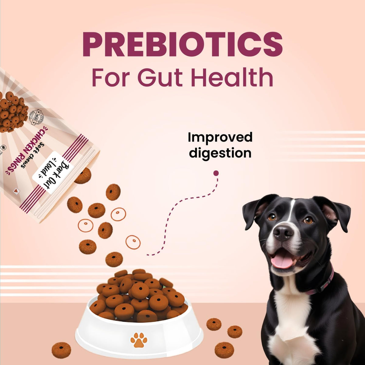 Bark Out Loud Soft Chews Chicken Rings Dog Treats | Prebiotics, Omega Fatty Acids & Vitamins | No Added Sugar | Premium Dog Snacks for All Life Stages | Healthy & Digestive Treats for Dogs - 100g