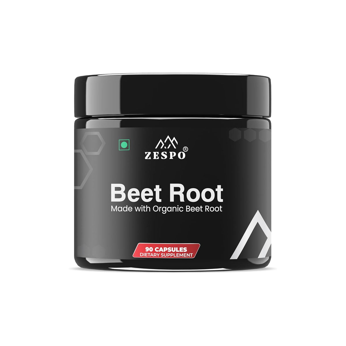 Black supplement jar labeled 'Beet Root' by ZESPO on a white background