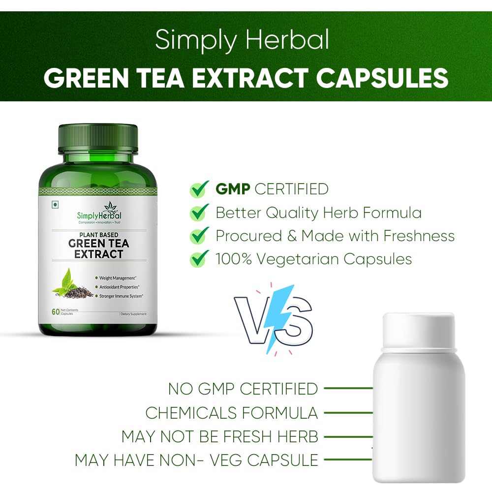 Simply Herbal 500 Mg Green Tea Extract Capsules for Fat Loss | Metabolism Booster Supplement Capsule Support Healthy Weight Management & Regulation of Hunger - 60 Veg Capsules