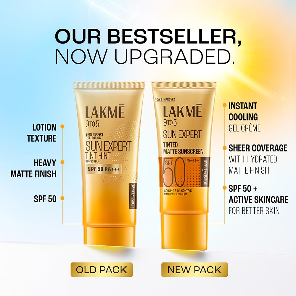 Lakme Sun Expert sunscreen products with text highlighting features and packaging comparison.