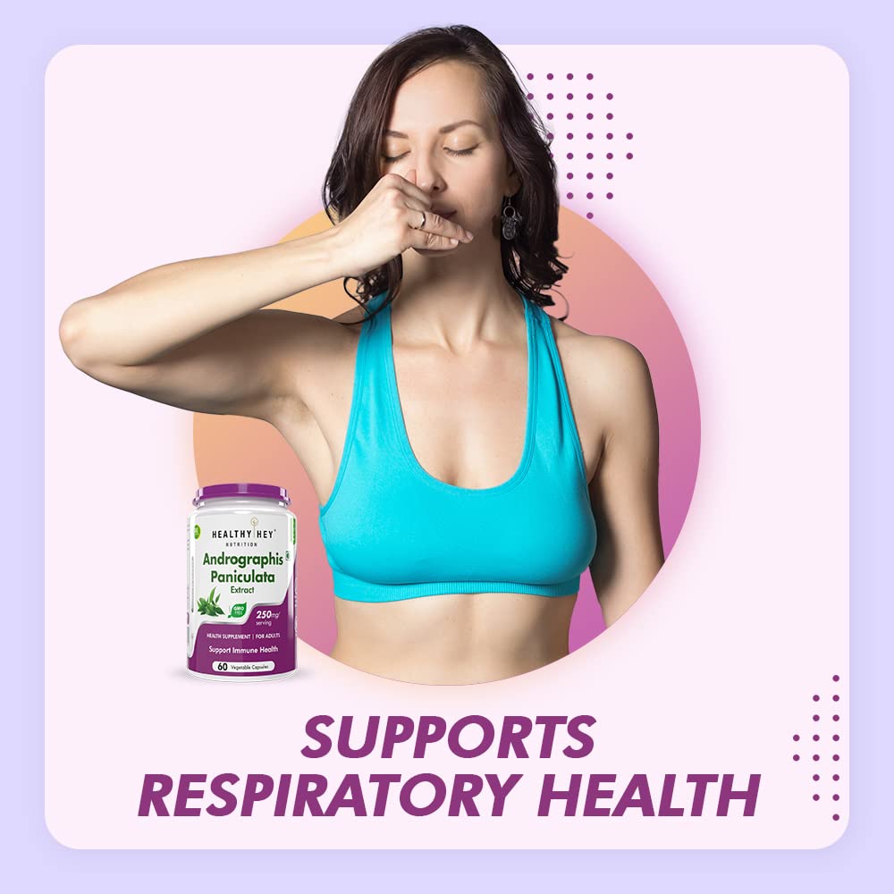 Woman in sports bra with supplement bottle, text 'Supports Respiratory Health' on a light purple background