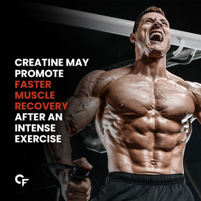 Muscular man lifting weights with text about creatine promoting muscle recovery.