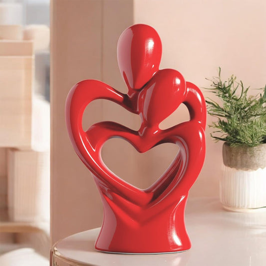 Hugging Couple Sculptures Ceramic Heart Shape Romantic Couple Statue Family Figurine Decorative Showpiece for Valentine Gift Living Room House Warming Anniversary Office & Home Decor (Red)