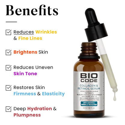 Bio Code Hydrolyzed Collagen 2% Face Serum (30ml) – with 2% Retinol SLP, 1% Peptides & 3% Niacinamide | For Anti-Aging & Wrinkle Reduction | AI-Enhanced Formula | Dermatologist Recommended