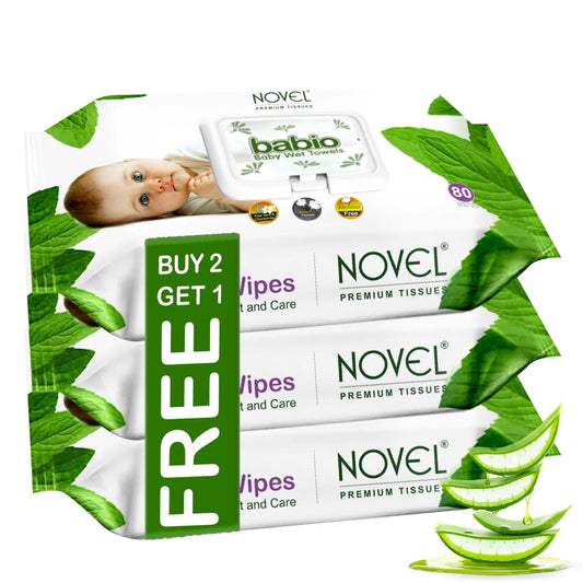 Novel Baby Wet Wipes 80 Wipes x Pack of 3 (240 Wipes) | Aloe Vera, Chamomile, Vitamin E Enriched | pH Balanced, Alcohol, Hypoallergenic & Paraben-Free | Soft Gentle Baby Wipes with Lid