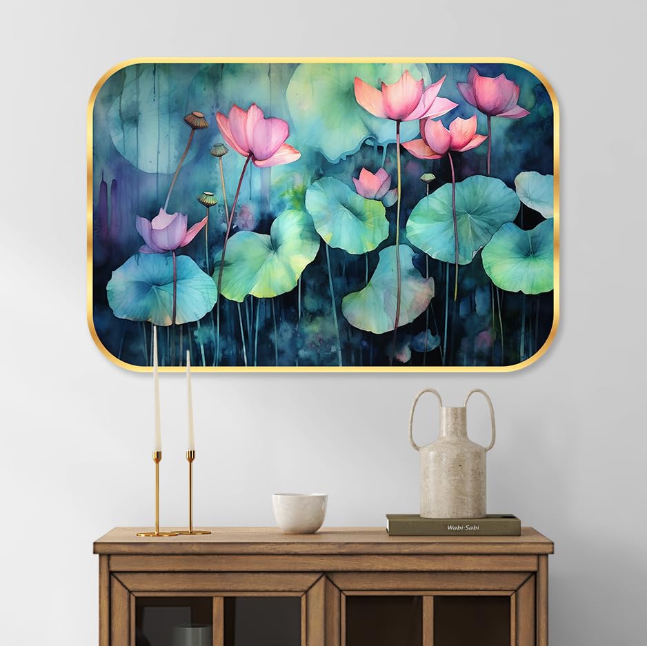 Flower modern art Premium Sparkle Lamination Finished Surface Golden Slim Frame 35 cm x 28 cm Large Size, For Home/Office/Hotel painting KG42