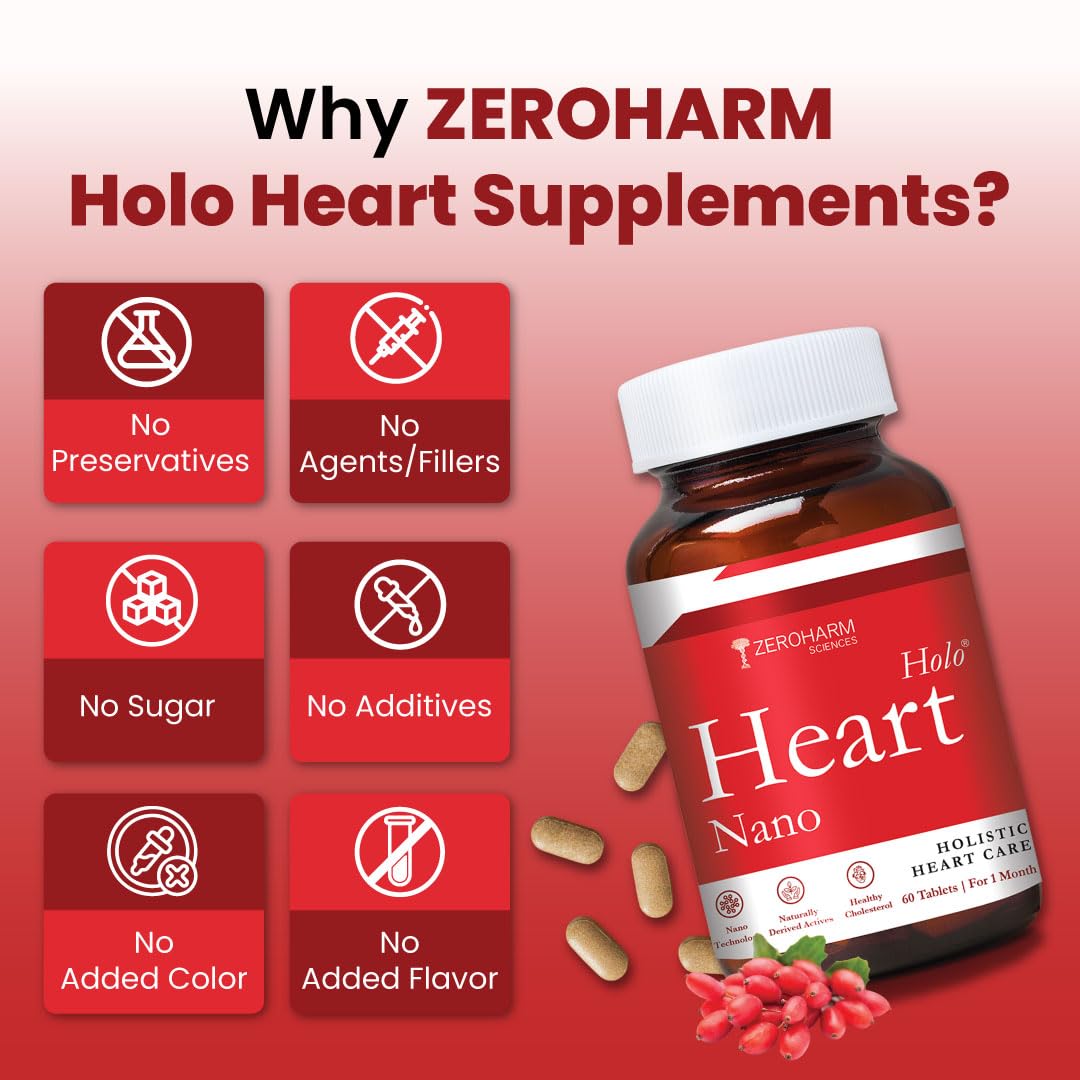 ZEROHARM Holo Heart Tablets | Plant-based Heart Health Supplements | Prevents Coronary Artery Diseases, Heart Blockages for Men & women | Manages Lipid Profile Advanced Nanotechnology | 60 Tablets