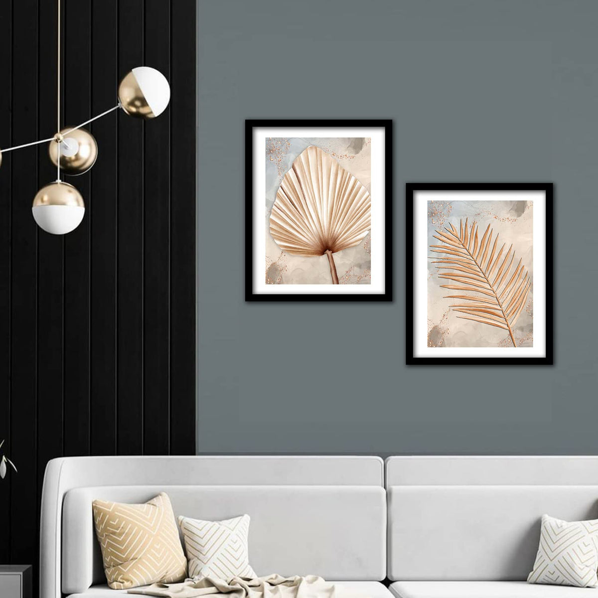 Golden Leaf Wall Decor Paintings for Home Office Living Room - Modern Art Wall Paintings with Frame Set of 2 (Art 5, 10x13 inch)