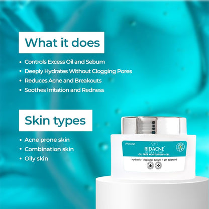 RIDACNE Ultralight Oil Free Moisturising Gel for Oily & Acne-Prone Skin | With Acnacidol BG, Hyaluronic Acid & Green Tea | Lightweight, Non-Comedogenic Moisturiser | 40g