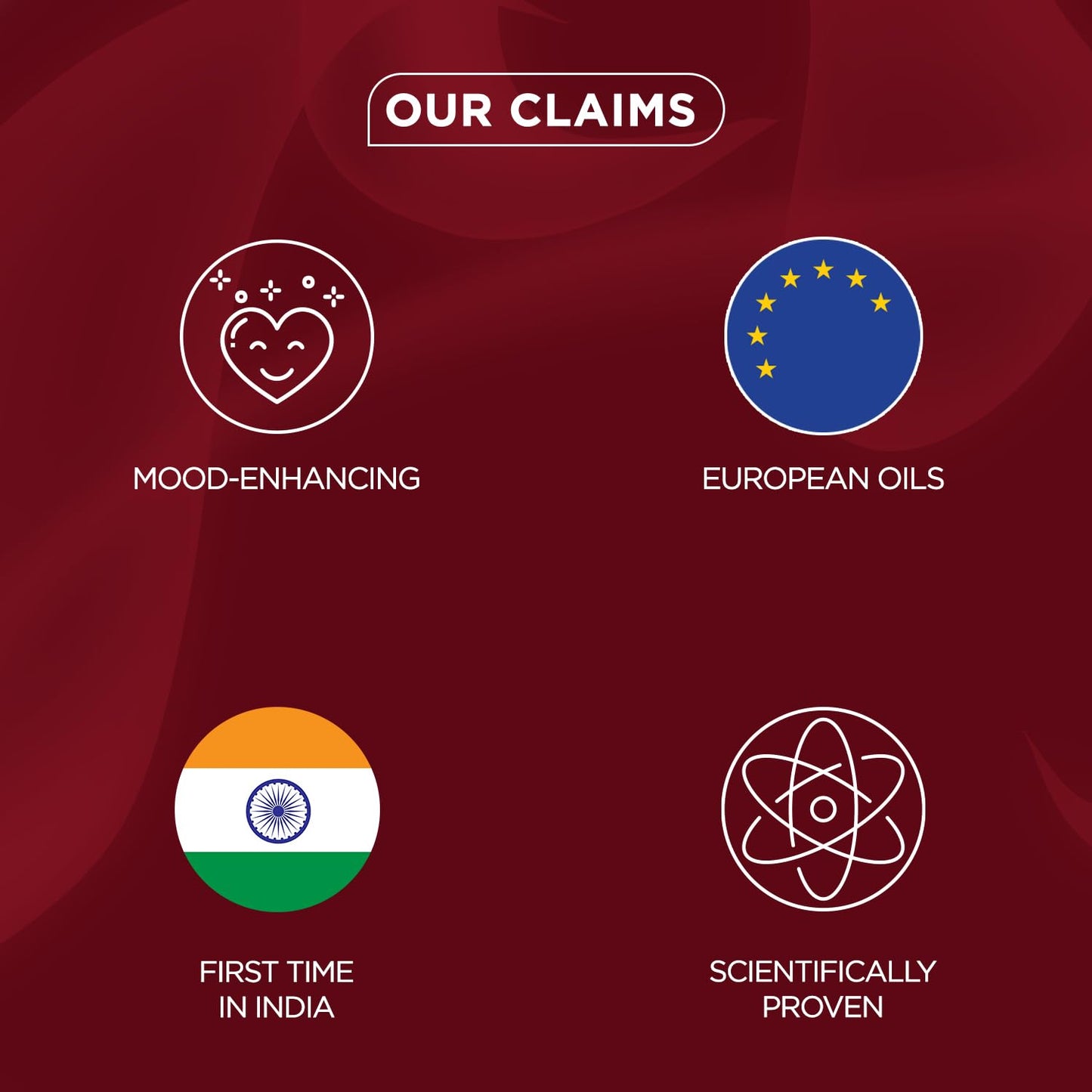Claims about mood-enhancing effects, European oils, first-time in India, and scientifically proven on a red background.