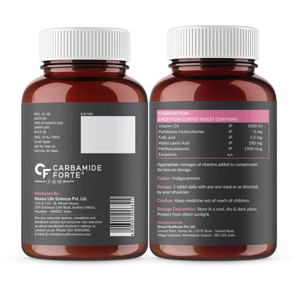 Carbamide Forte Vitamin B12 1500mcg with Vitamin D3 | Vitamin B12 Supplements for Men & Women | Methylcobalamin 1500 mcg with Vitamin D Tablets - 60 Tablets