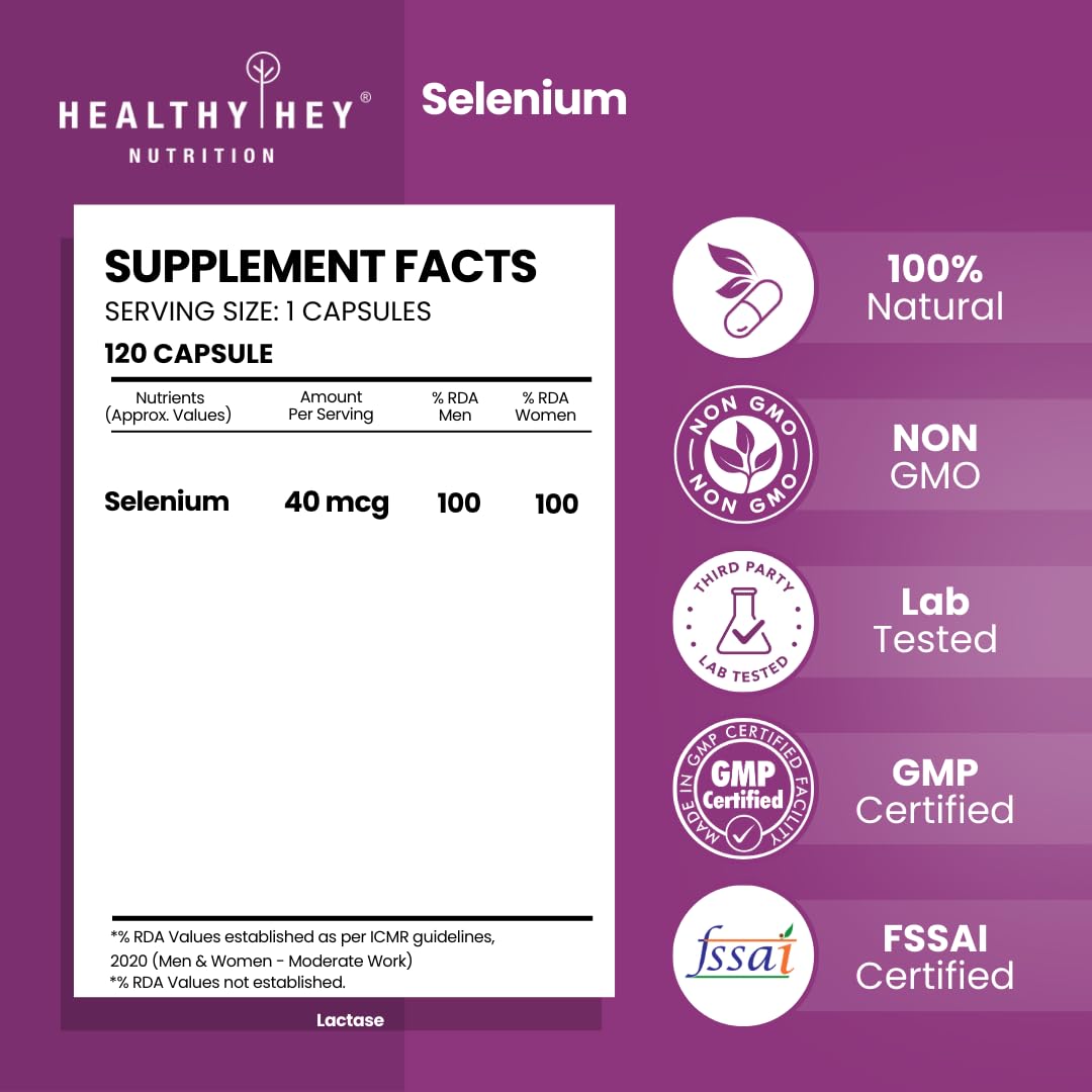 Supplement facts label for Selenium capsules by Healthy Hey Nutrition on a purple background.