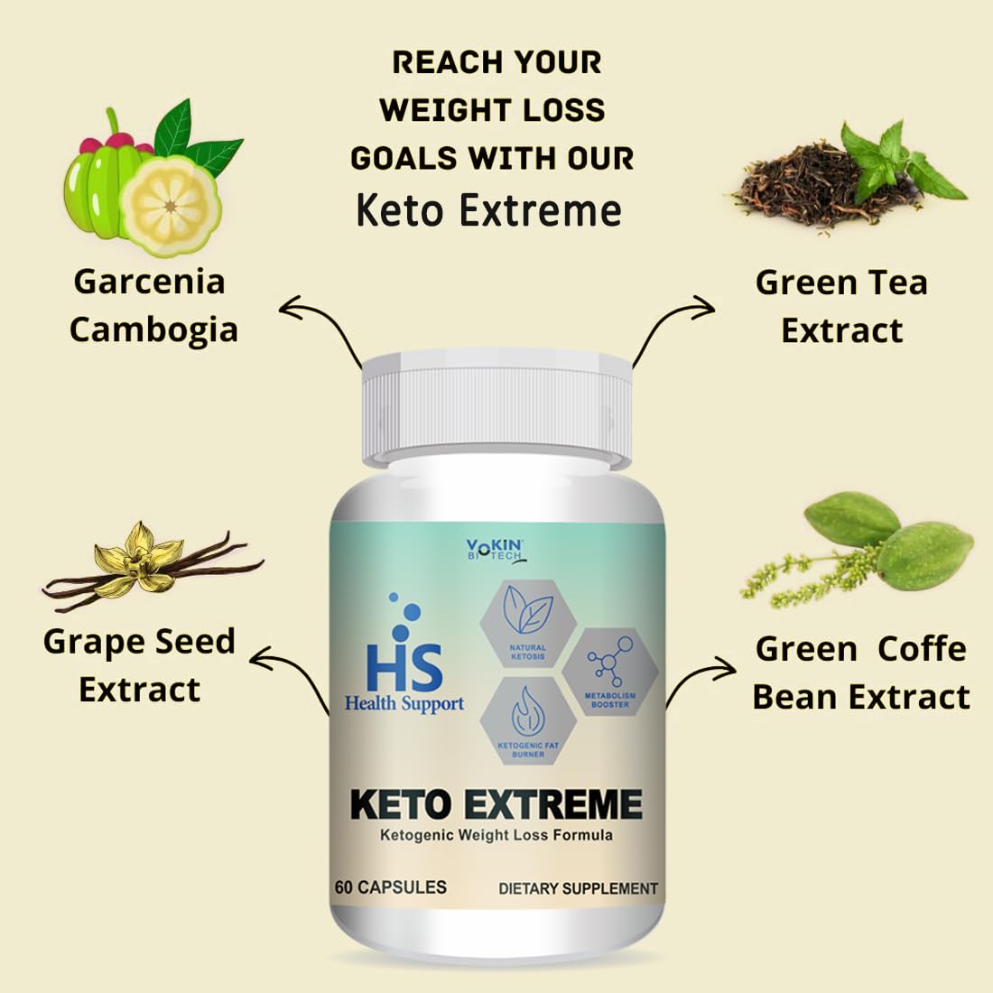 Keto Extreme supplement bottle with ingredients and health support branding on a beige background