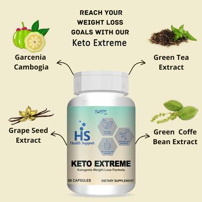 Keto Extreme supplement bottle with ingredients and health support branding on a beige background