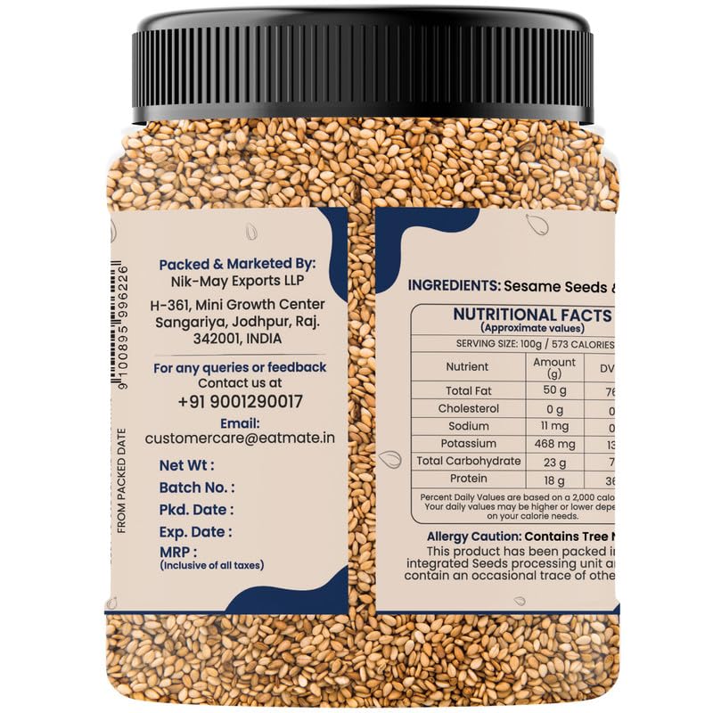 Eatmate Roasted Sesame Seeds 100g | Calcium & Fiber Rich Safed Til | Nutty Crunchy Vegetarian Seeds for Eating, Cooking, Baking, Laddoo, Chikki & Tadka | Healthy Snack Ingredient (100g)