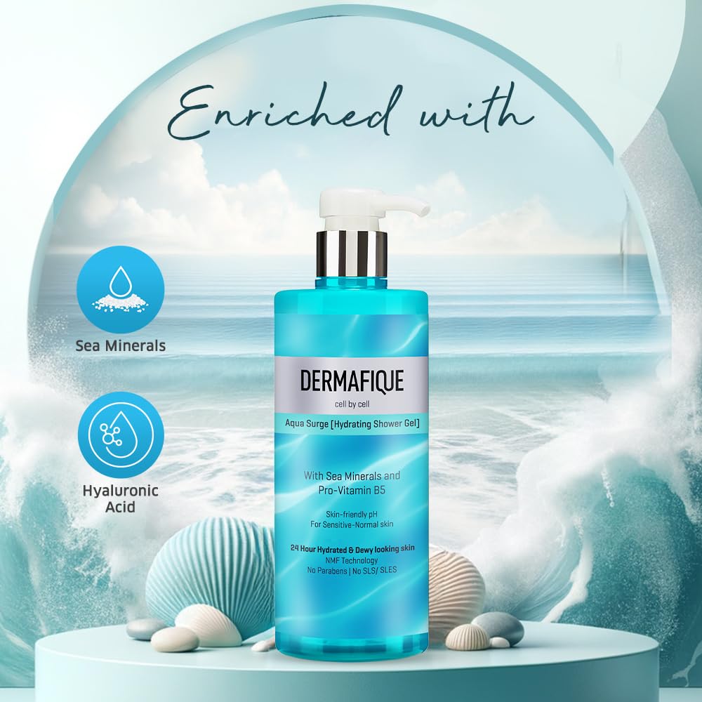 Dermafique Aqua Surge Shower Gel 500ml | 24 hr hydration, No Paraben/SLS, Pro Vitamin B5 & NMF | Sensitive, Dry, Oily, Normal Skin | Clinically & Dermat Tested on Indian skin | Body Wash for Women & Men