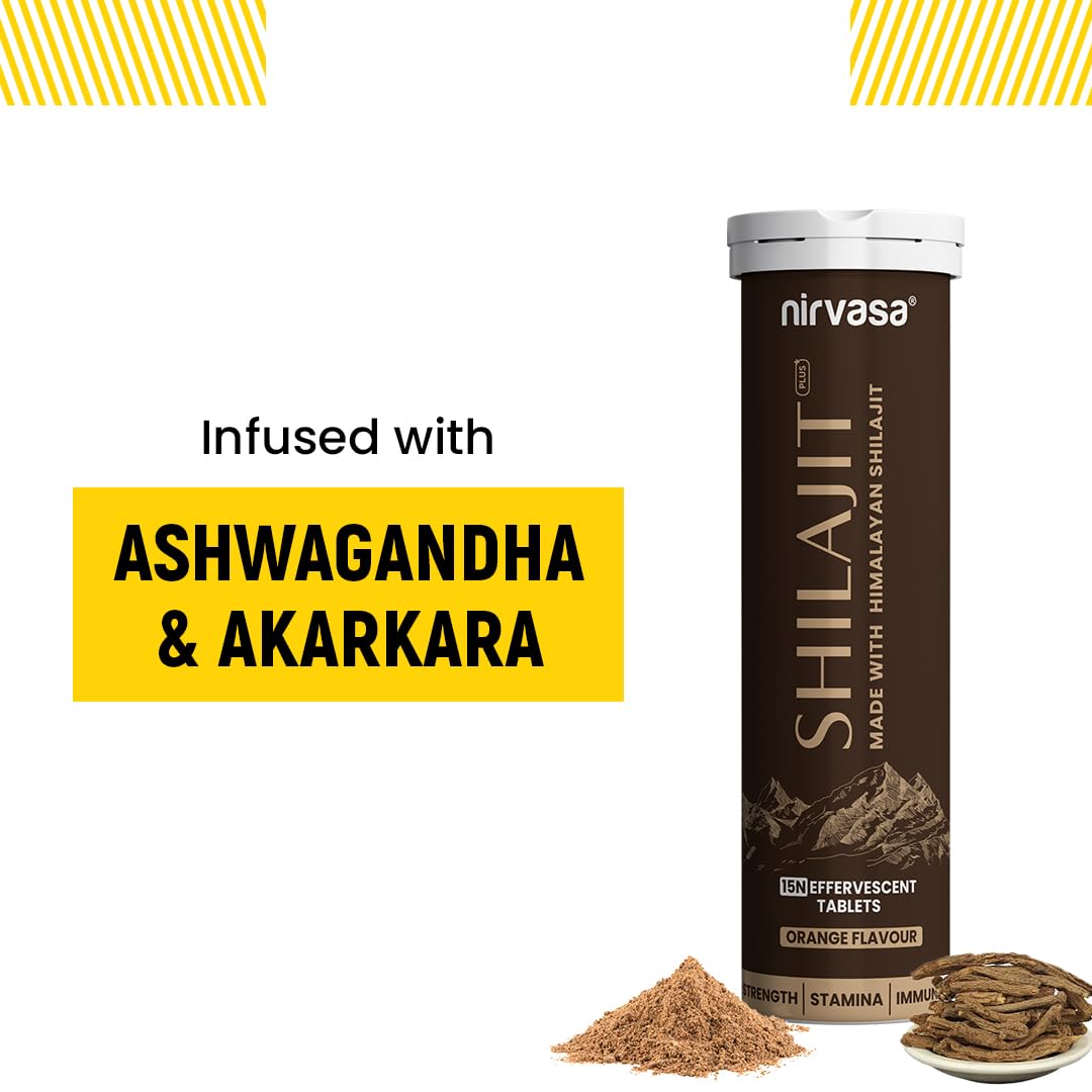 Nirvasa Shilajit Plus Effervescent Tablets (15 Tab) | Boosts Strength, Stamina, Energy & Performance | Supports Muscle Recovery, Endurance & Vitality | with 5 Powerful Herbs | Orange Flavour