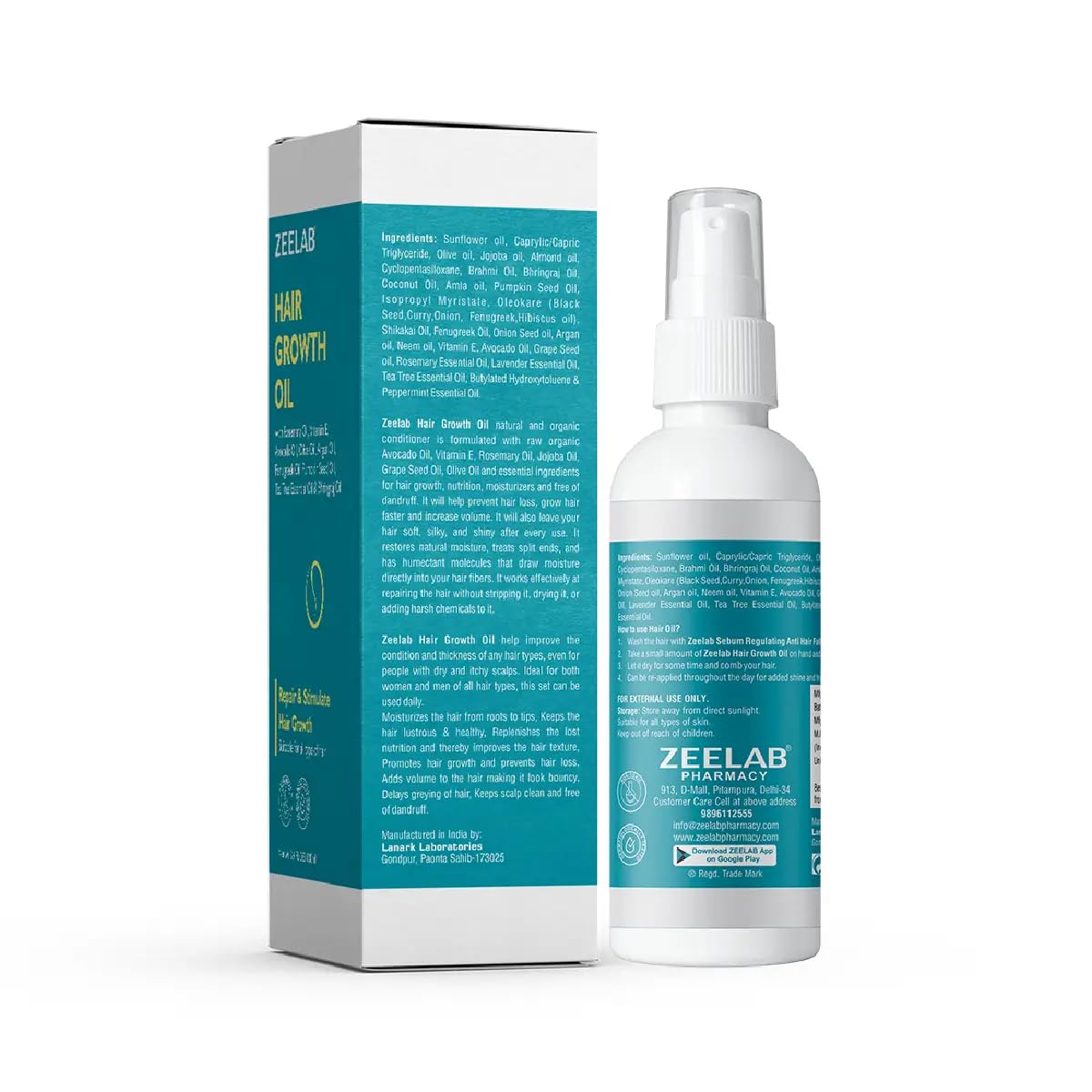 Zeelab hair growth oil packaging with bottle on a white background