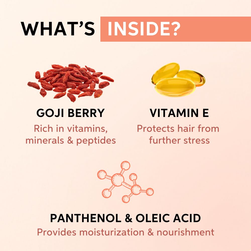 Product ingredients with goji berry, vitamin E capsules, pantothenic acid, and oleic acid on a beige background.