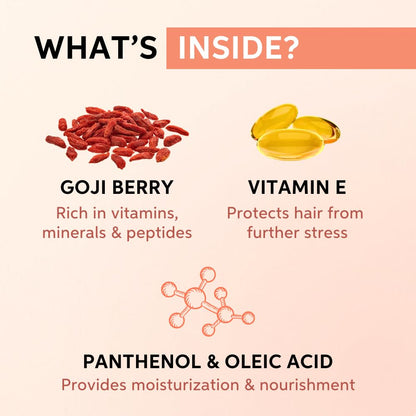 Product ingredients with goji berry, vitamin E capsules, pantothenic acid, and oleic acid on a beige background.