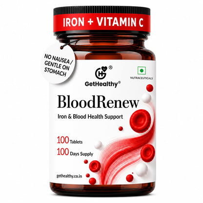 Supplement bottle labeled 'BloodRenew' with iron and vitamin C on a white background