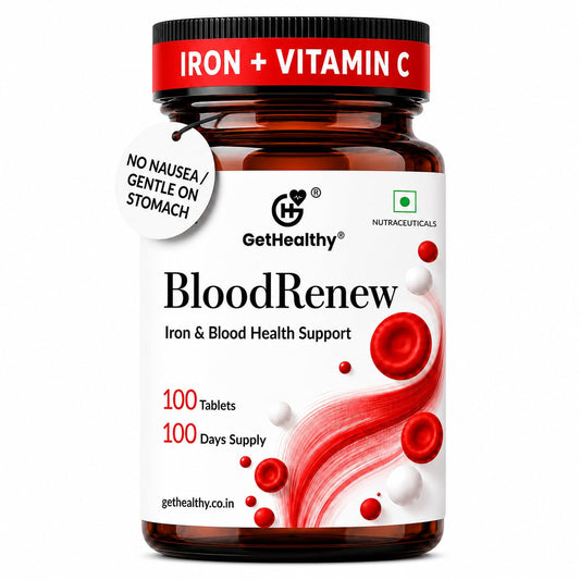 Supplement bottle labeled 'BloodRenew' with iron and vitamin C on a white background