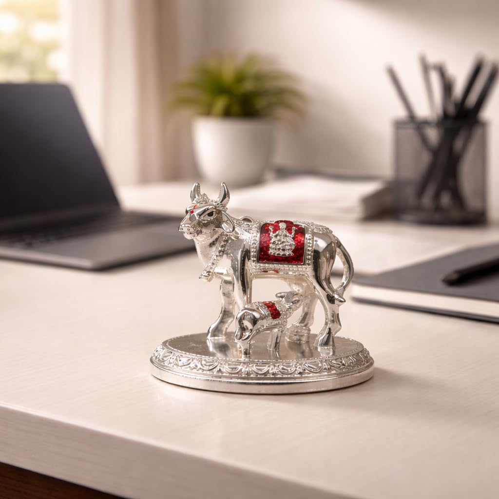 Gold Art India Kamdhenu Cow and Calf Idol with Red Accents | Shiny Silver Finish | 7.62 cm Decorative Gau MATA Murti for Home Temple, Gift & Office