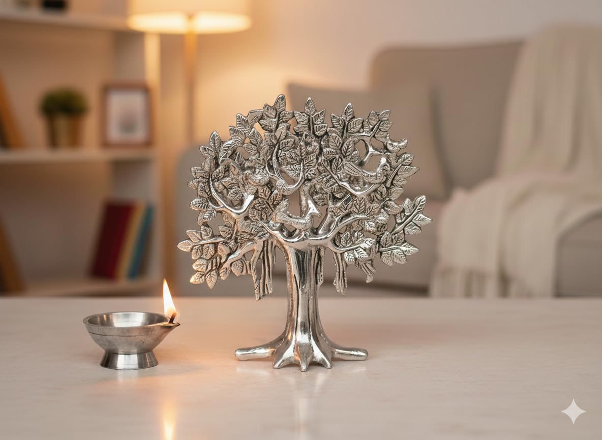 Metal Kalpavriksha Tree for Home Decor - Golden Wish Fulfilling Tree Metal Showpiece for Temple, Vastu, Office Table & Gifting Banyan (No 2 Silver)
