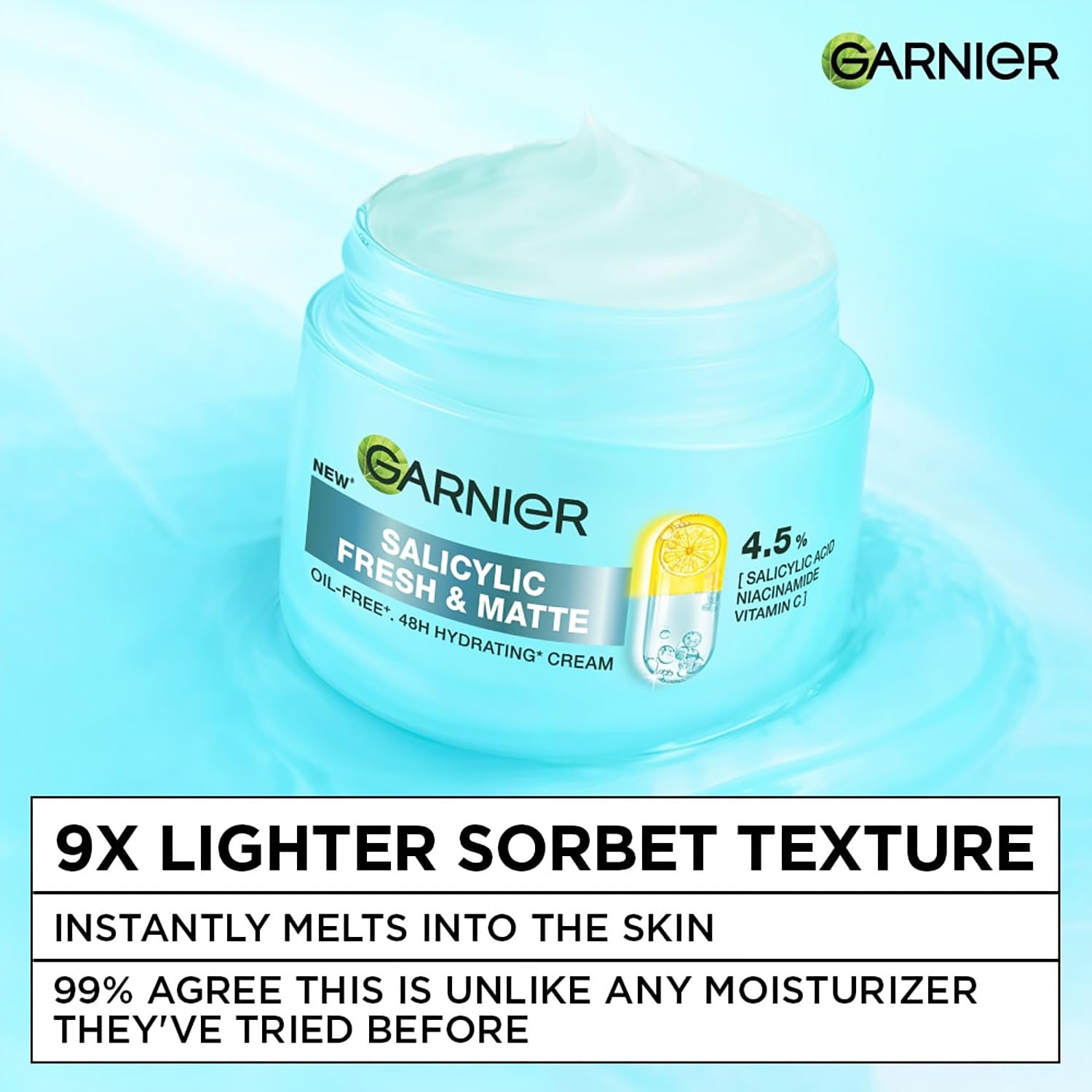 Garnier Salicylic Fresh & Matte moisturizer jar on a light blue background