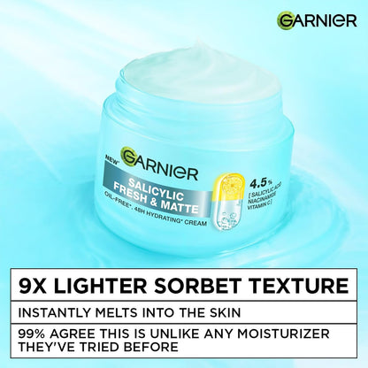 Garnier Salicylic Fresh & Matte moisturizer jar on a light blue background