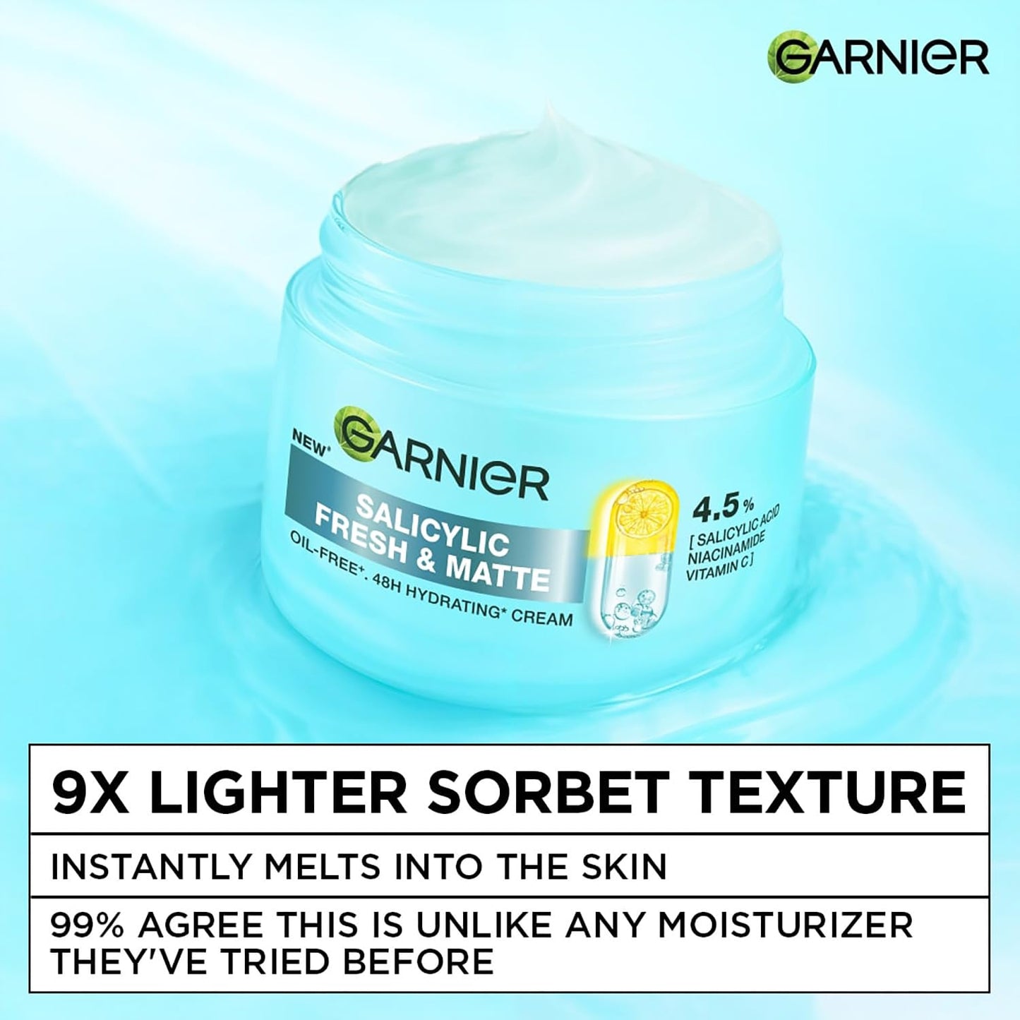 Garnier Fresh & Matte Salicylic Acid Sorbet Moisturizer Cream, Salicylic Acid + Niacinamide + Vitamin C, 9x Lighter Sorbet Cream, For Hydration & Oil Control, Suitable for Oily to Normal & Combination Skin, 90g