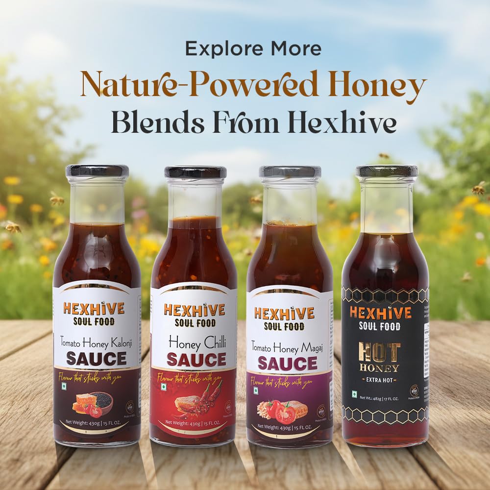 Hexhive Tomato Kalonji Honey Sauce | Tangy Tomato Spread with Raw Honey & Nigella Seeds | No Refined Sugar | Healthy Ketchup Alternative | Dip for Snacks, Parathas, Sandwiches, Fries | 430g
