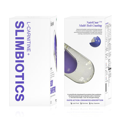 Slimbiotics supplement packaging with purple and white design