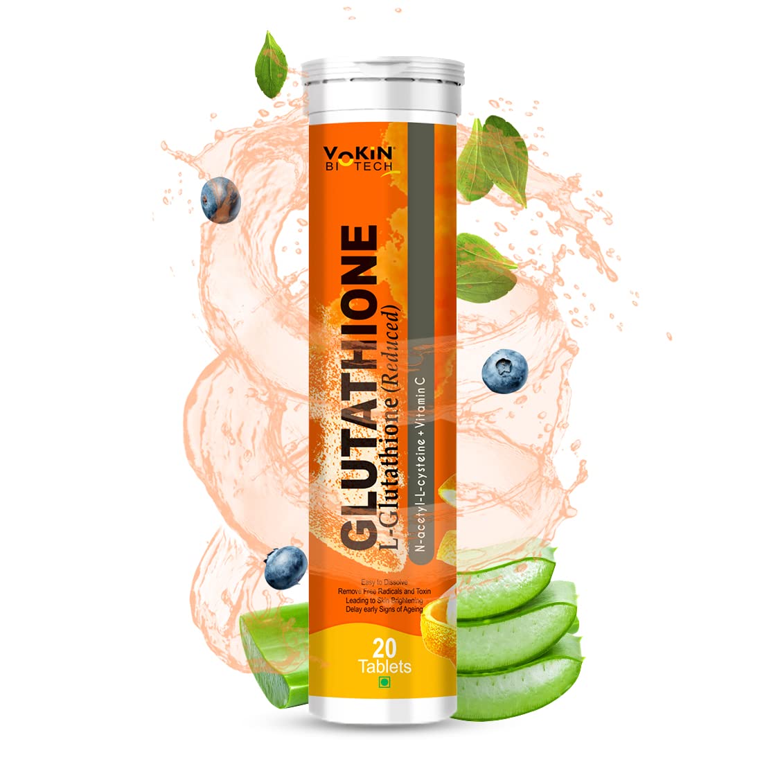 Vokin Biotech Glutathione supplement tube with blueberries and aloe vera on a white background