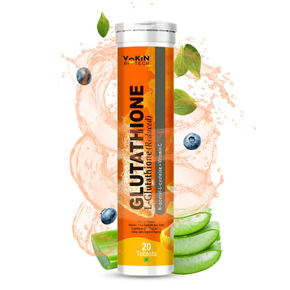 Vokin Biotech Glutathione supplement tube with blueberries and aloe vera on a white background