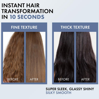 Before and after comparison of hair texture transformation with text 'Instant Hair Transformation in 10 Seconds' on a light blue background.