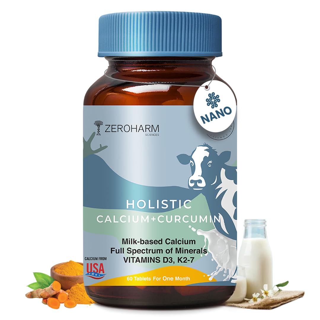 ZeroHarm Holistic Calcium + Curcumin - Milk Based Calcium With Magnesium, Vitamins D3, K2-7 - For Bone, Joint & Muscle Support - Plant-Based Herbal Supplement for Men and Women - 60 Tablets