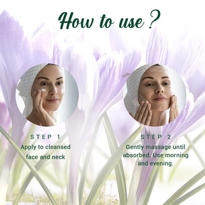Instructions on how to use a skincare product with a woman applying it to her face, set against a floral background.