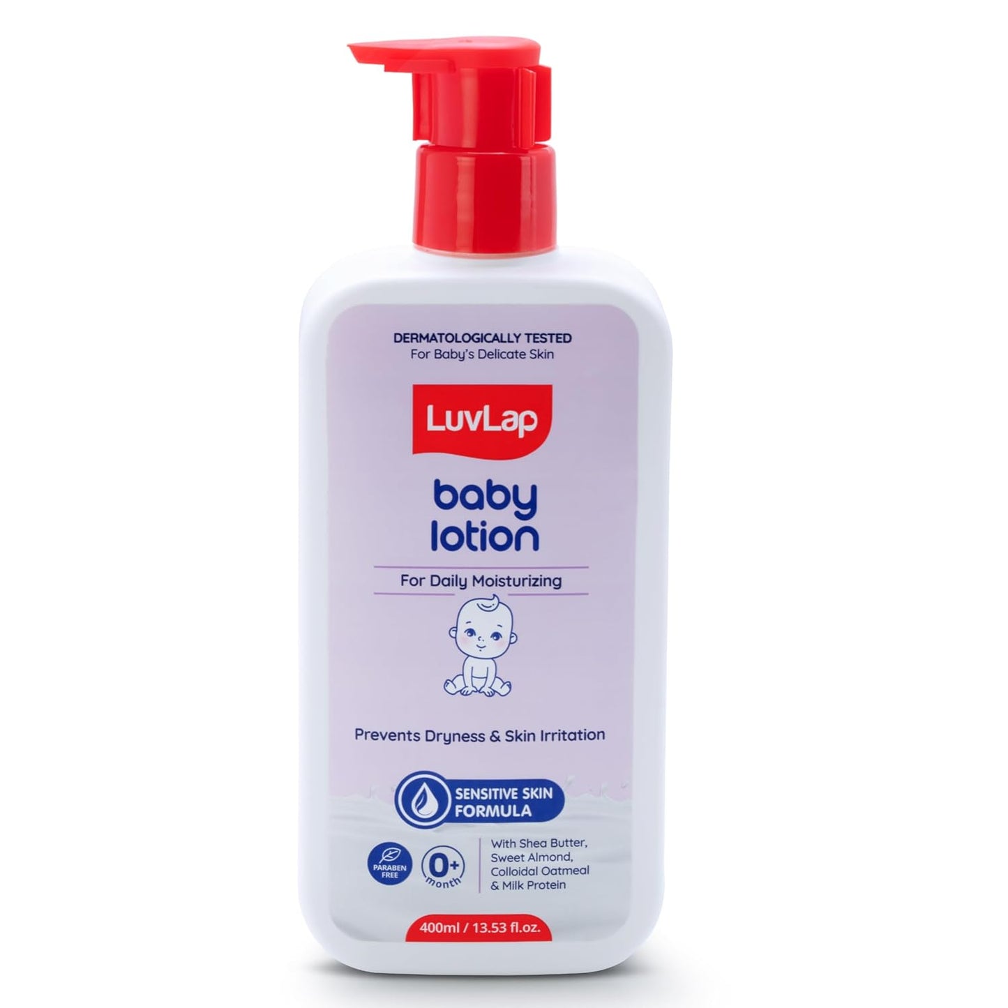 LuvLap Baby Lotion with Milk Protein - 400ml, Gentle Daily Lotion for Face & Body, 24 Hour Protection for Sensitive Skin, Ph 5.5, Shea Butter and VIT E, Paraben Free, Dermatologically Tested