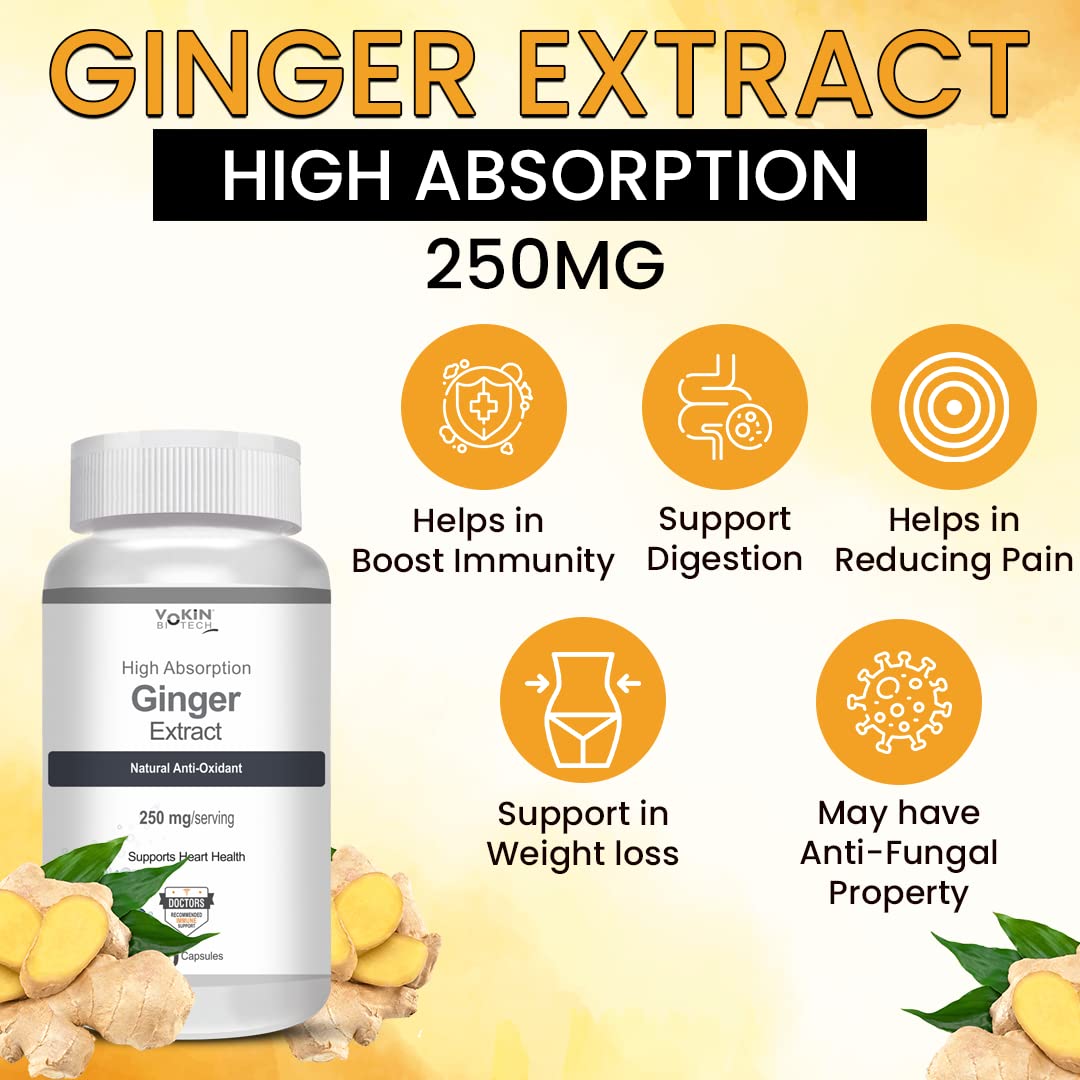Ginger extract supplement bottle with health benefits on a yellow background