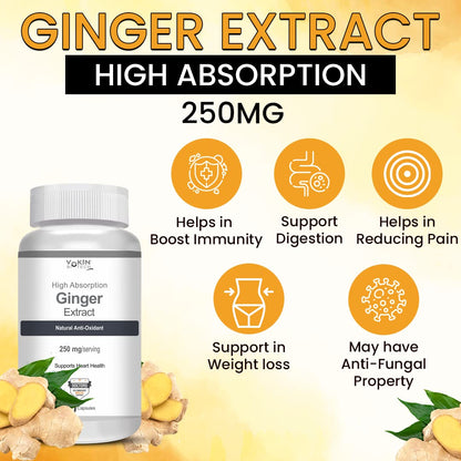 Ginger extract supplement bottle with health benefits on a yellow background