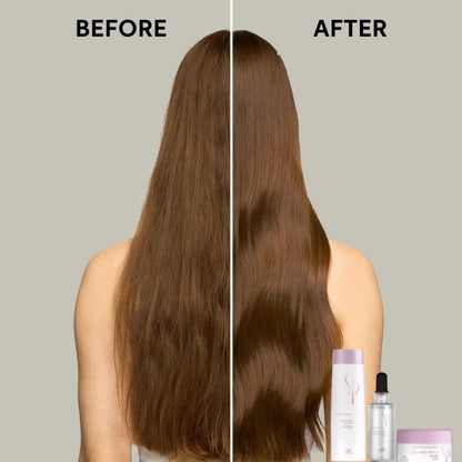 Before and after comparison of hair with a product on a neutral background