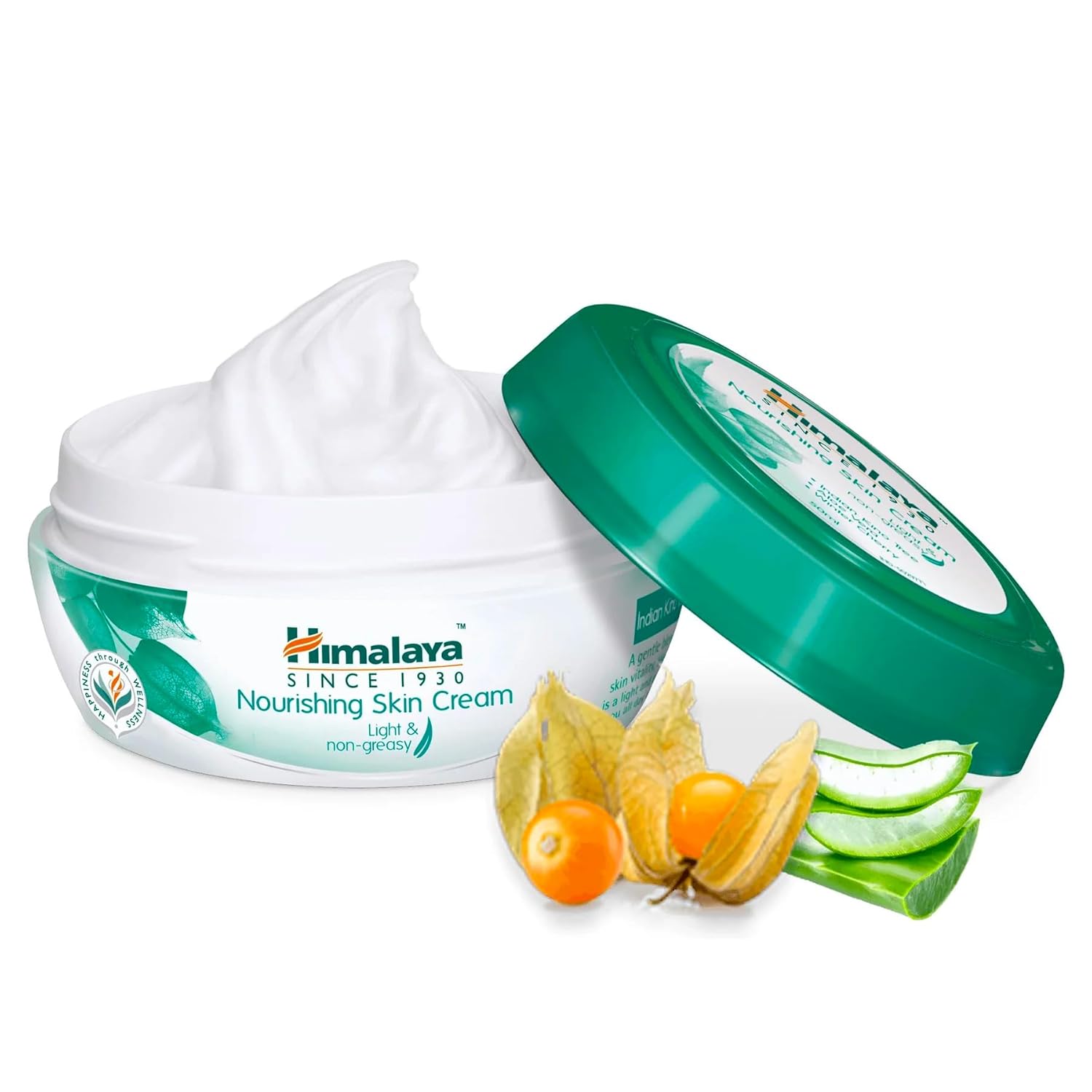 Himalaya Nourishing Skin Cream with ingredients on a white background