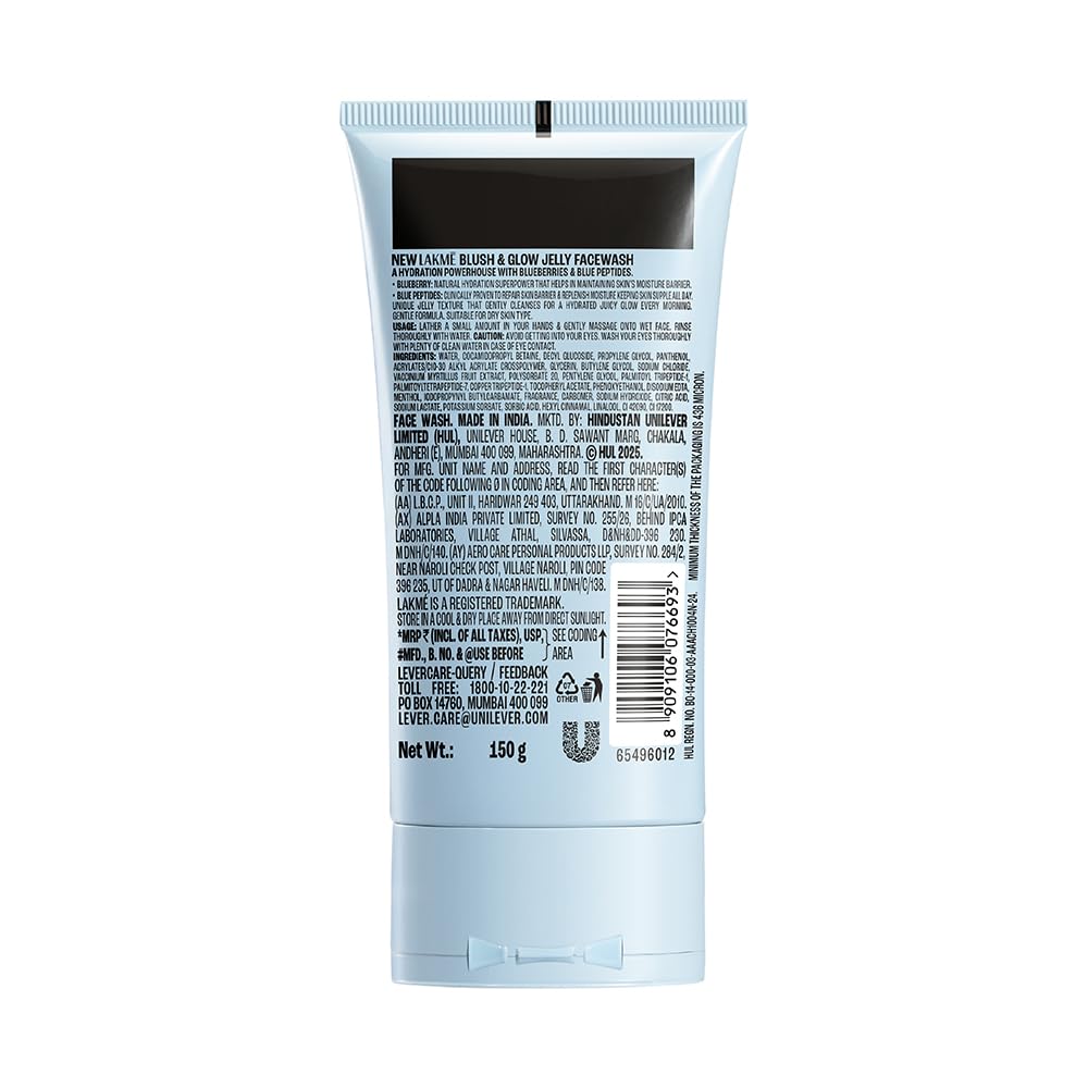 LAKME Blush & Glow, Blueberry + Peptide Gentle Jelly Facewash, 150g, for Fresh and Hydrated Skin, with Blueberry Extract & Blue Peptide, Removes Dirt & Impurities, for Dry & Dehydrated Skin