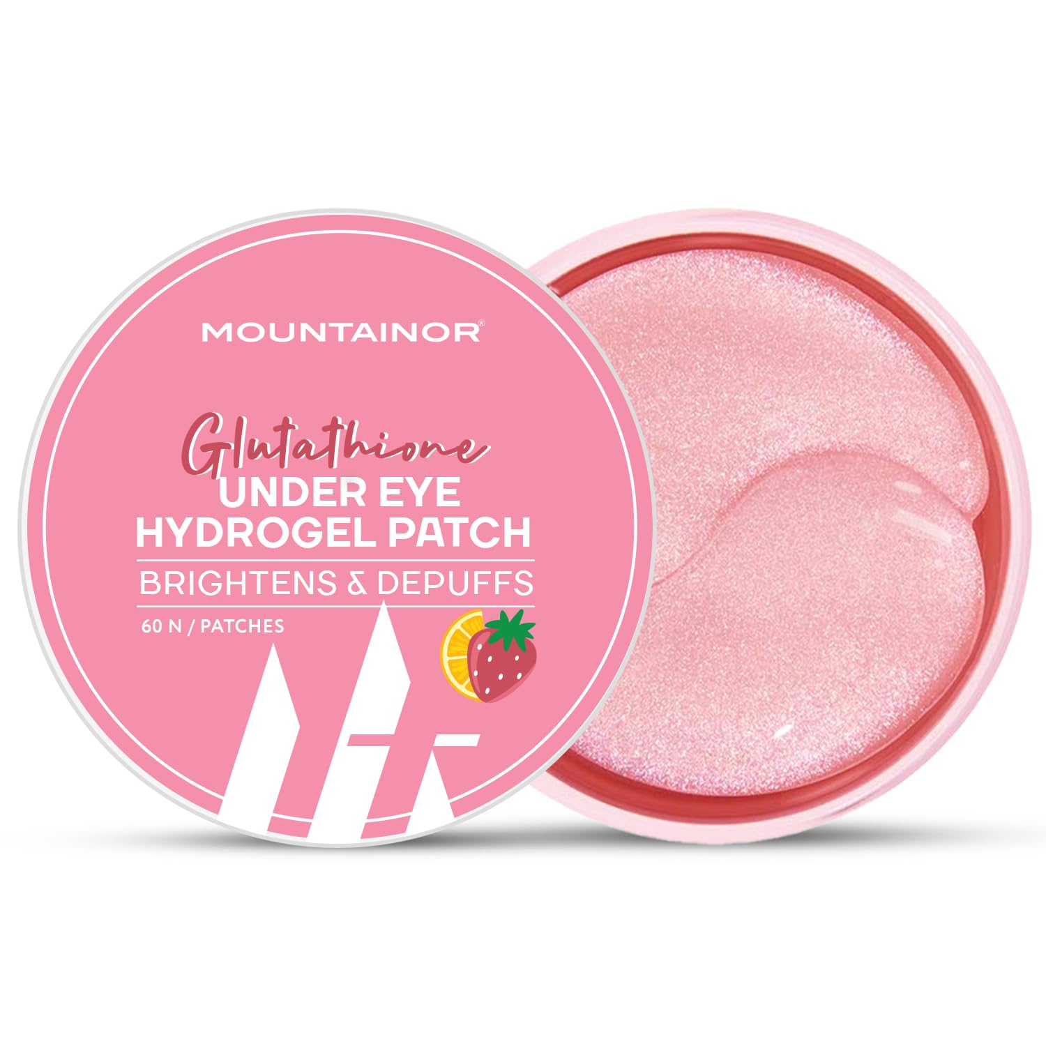 Glutathione under eye hydrogel patch container with pink packaging and visible patches.